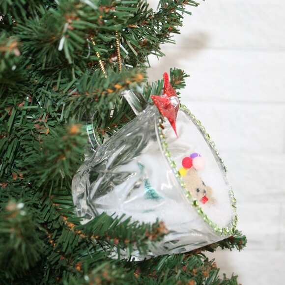 HAND CRAFTED Christmas Ornament Upcyled Teacup Balloon Bear Winter Scene Green - Picture 2 of 9